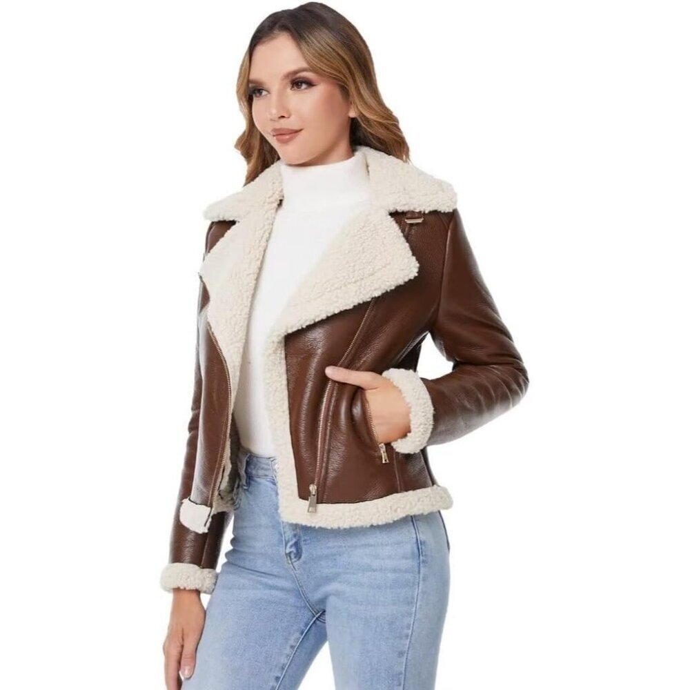Women's Brown Shearing Fur Winter Coat Warm Thick Fur Lined Faux Leather Jacket